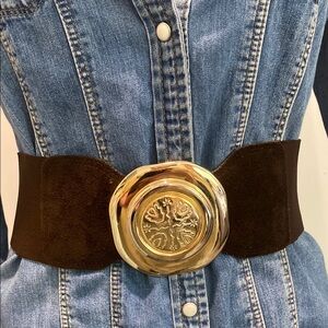 Brown Suede and Gold Wide Belt Stretch with Decorative Buckle medium